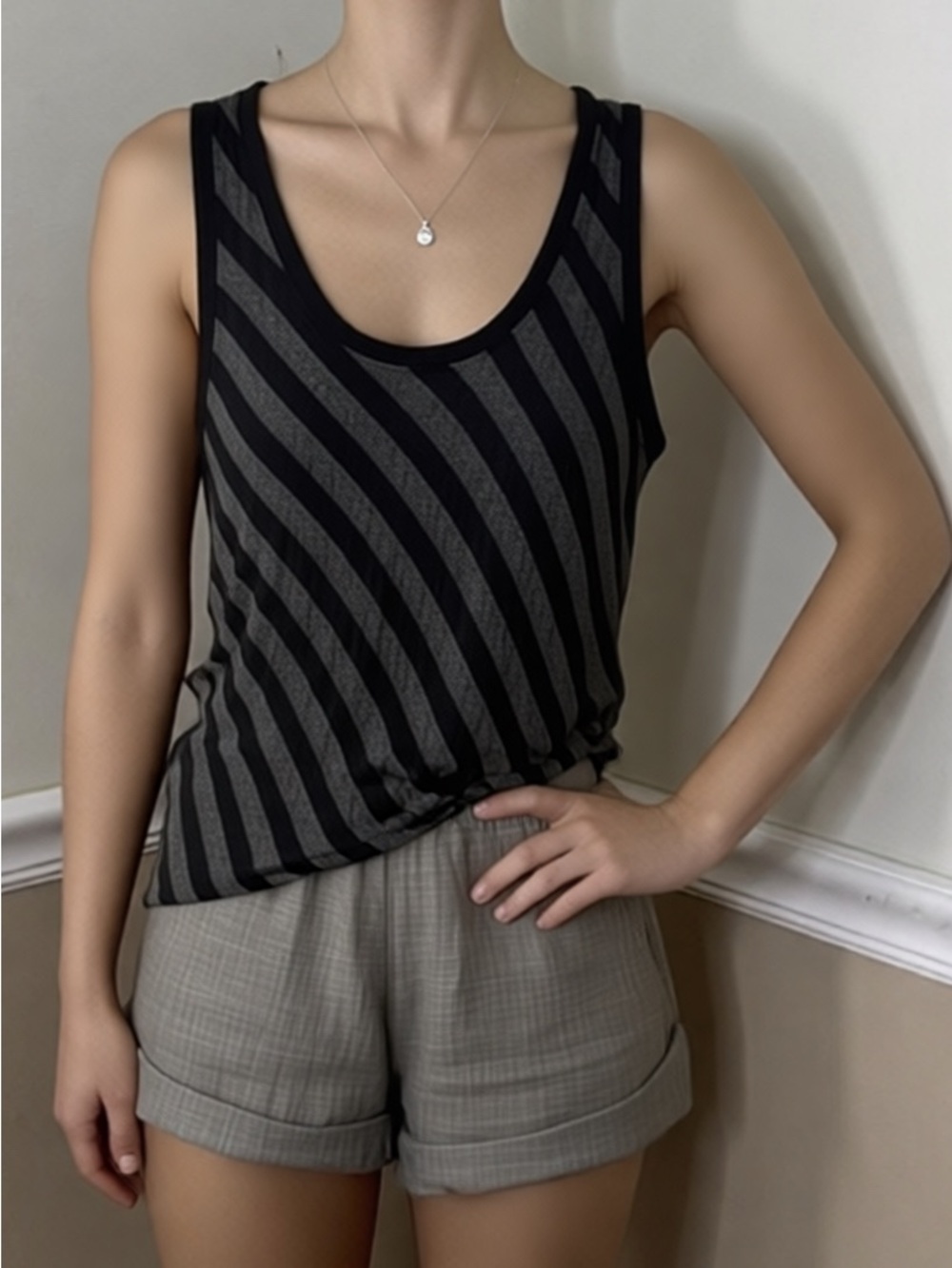 💚 5 for $25! CAbi Black & Charcoal Diagonal Stripe Tank